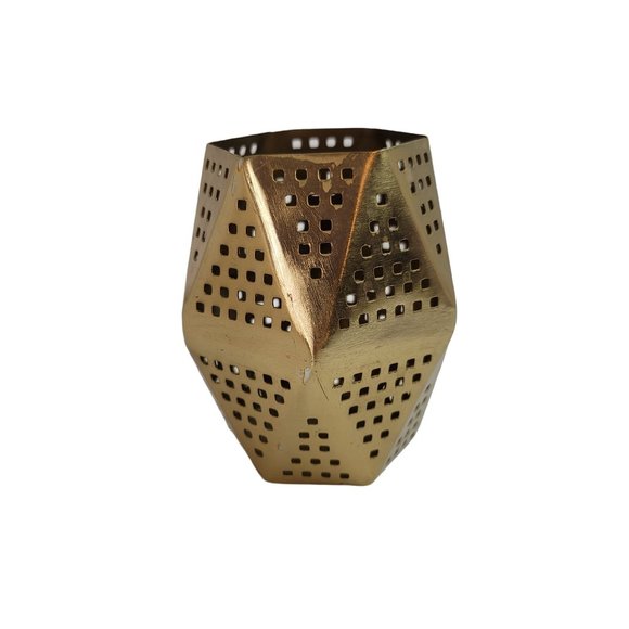 Gold Tone Moroccan Style Cut Out Geometric Boho Candle Holder Jar - Picture 3 of 7